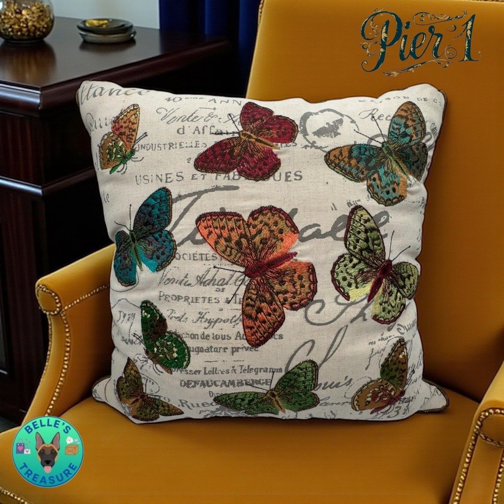 Pier 1 Imports 15x15 Luxury Throw Pillow Embroidered Rainbow‎ Butterfly Decor